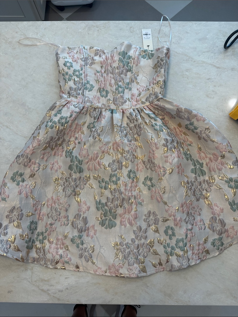 Francesca's Collections Pastel Floral Party Dress with Gold Accents